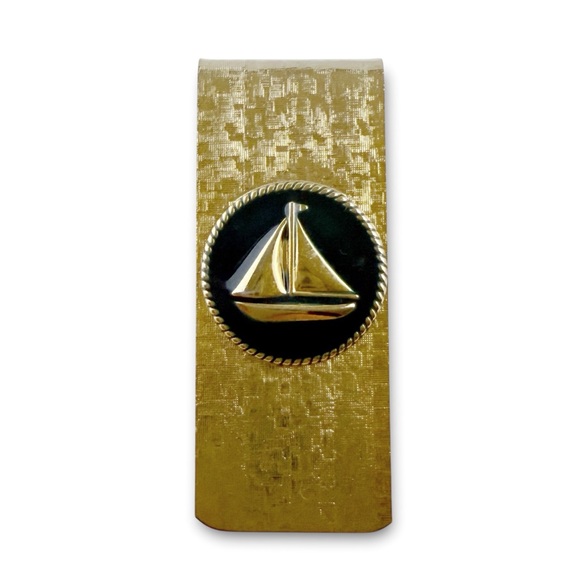 Vintage Navy Blue Enamel Sailboat Boat Nautical Textured Goldtone Money Clip - Picture 1 of 5